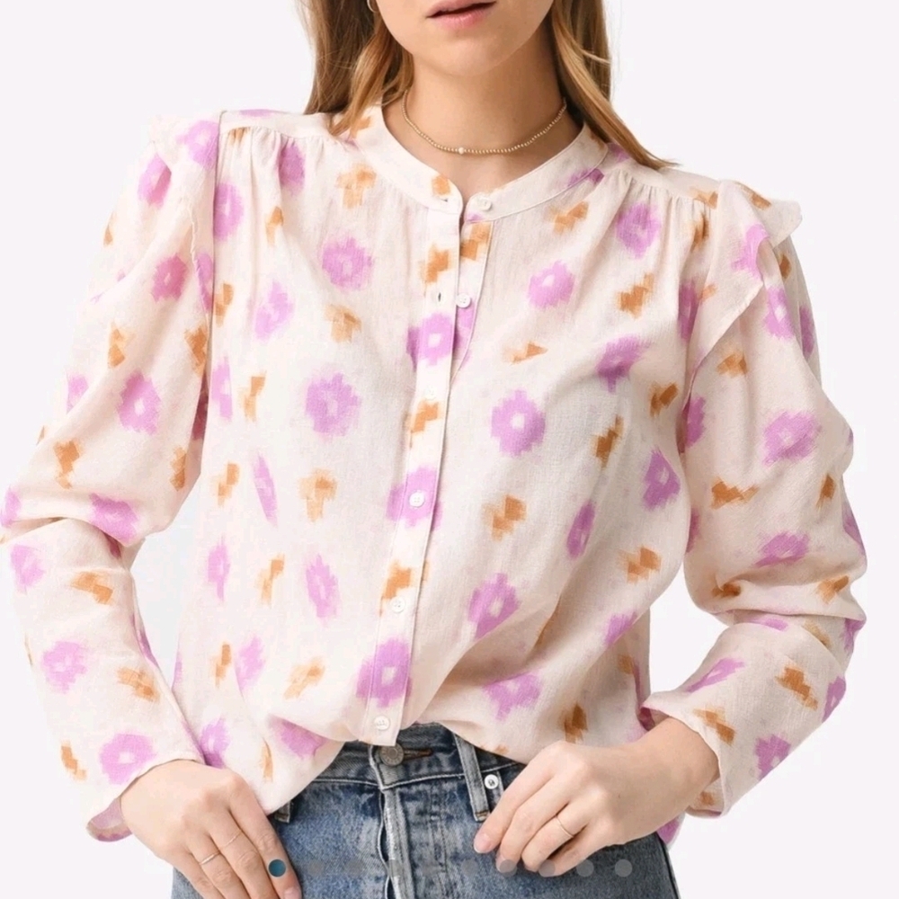 Xirena Lottie Blouse Relaxed Cotton Gauze Boxy Crewneck Ruffle Shoulder Colorful